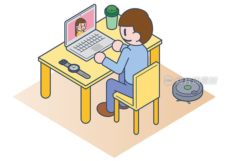 Illustration of a man ingsting on a web conference at telework, a man watching a video on a laptop, a man who make a video call